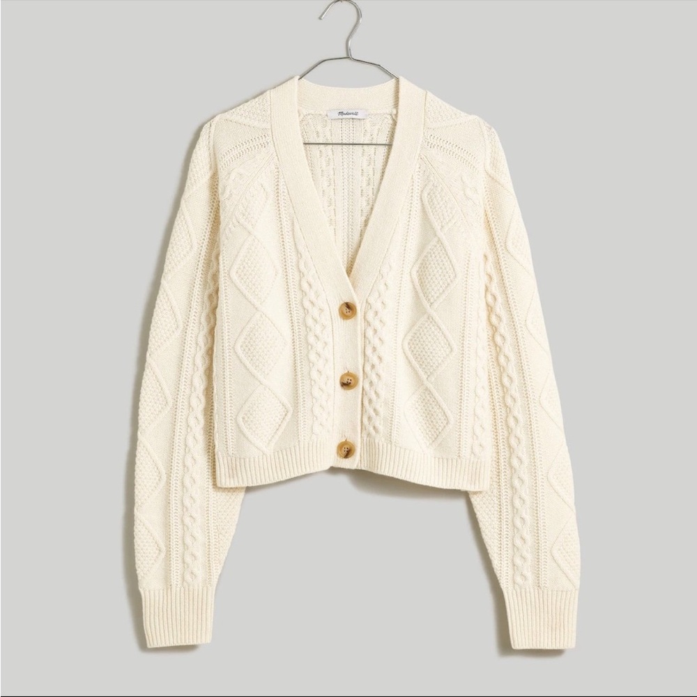 MADEWELL CABLE KNIT CROPPED CARDIGAN SWEATER WOOL BLEND